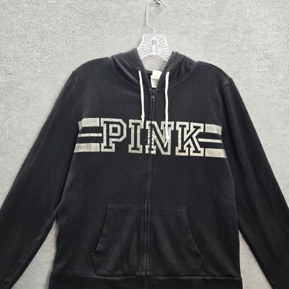PINK‎ Victoria's Secret Women Sweatshirt M Black Hoodie Logo Drawstring Fleece